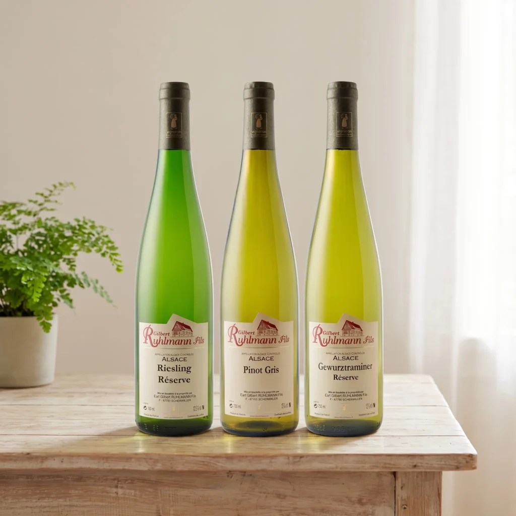 Wein zu Weihnachten verschenken: welches Geschenkset für wen? 1 Entdeckungsset vom Weingut Gilbert Ruhlmann Fils: Riesling, Pinot Gris und Gewürztraminer aus dem Elsass auf einem Holztisch