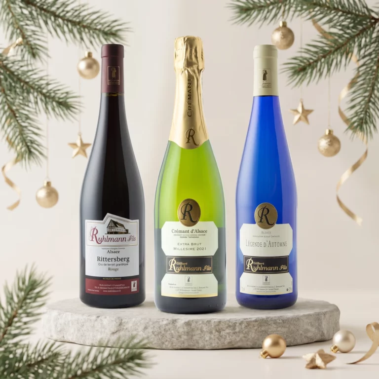 Die drei Weine des Festmenü-Sets vom Weingut Ruhlmann in weihnachtlicher Dekoration: Pinot Noir Rittersberg, Crémant d'Alsace Millésimé, Légende d'Automne