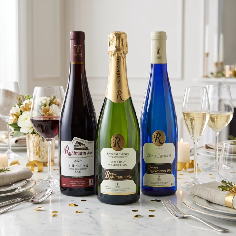 Gilbert Ruhlmann Fils Festive meal gift box on a Christmas table: Rittersberg Pinot Noir, vintage Crémant d'Alsace and Légende d'Automne