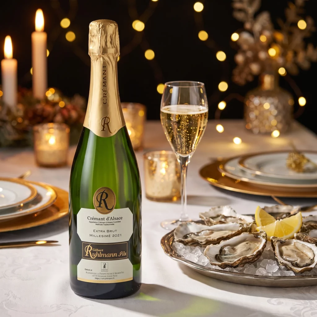 Crémant Millésimé Extra Brut Gilbert Ruhlmann Fils et huîtres pour un réveillon