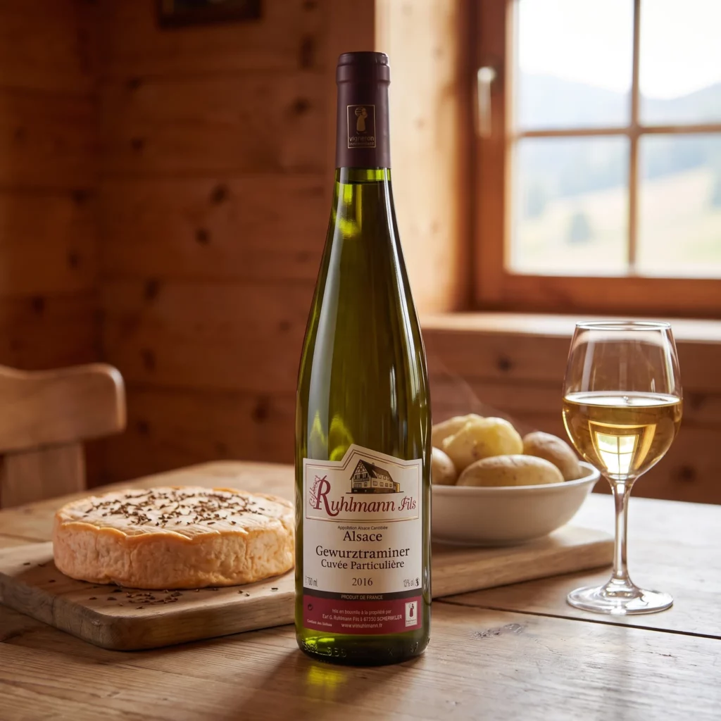 Which wines for Christmas dinner? Our Alsace pairings, from aperitif to dessert 8 Gilbert Ruhlmann Fils Gewurztraminer Cuvée Particulière with cumin Munster cheese in a Vosges farm inn