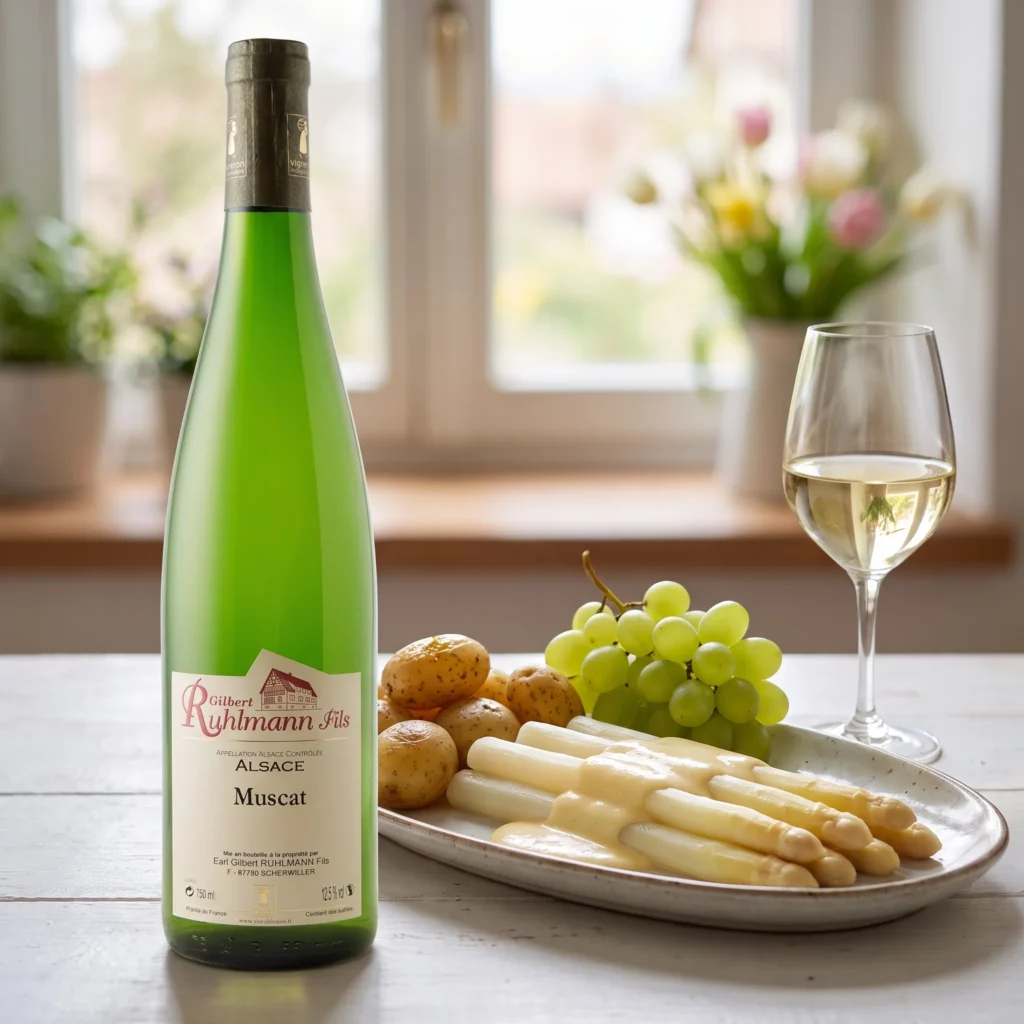 Muscat Gilbert Ruhlmann Fils servi avec des asperges blanches d'Alsace sauce mousseline