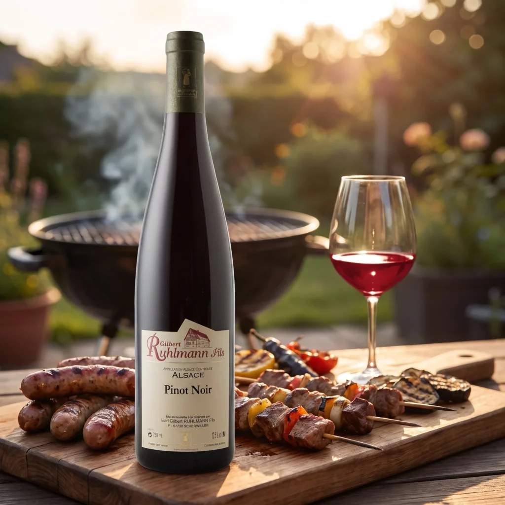 Pinot Noir Gilbert Ruhlmann Fils et grillades au barbecue un soir d'été