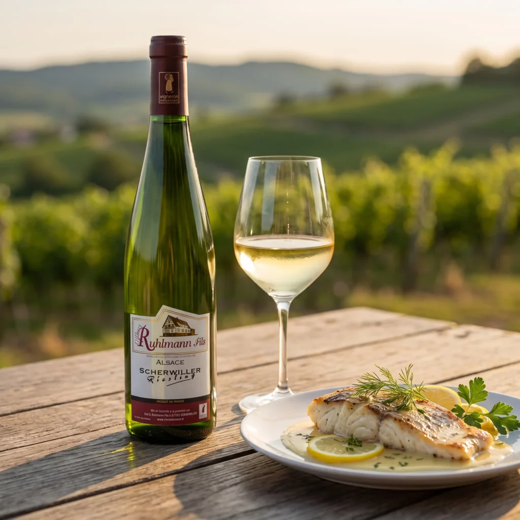 Riesling Scherwiller Gilbert Ruhlmann Fils et sandre au beurre blanc sur une terrasse face aux vignes